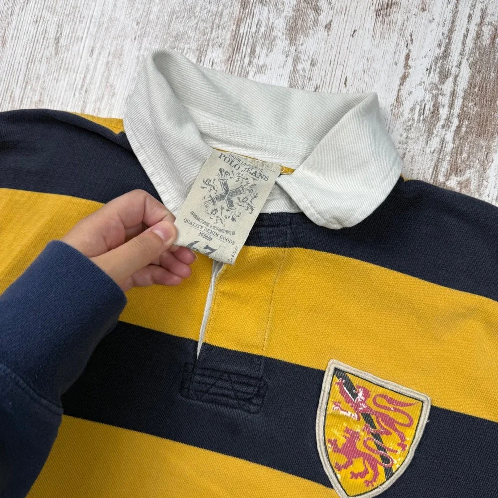 Polo Jeans Co Ralph Lauren Rugby Shirt Navy Yellow Stripe Lion Crest Mens Medium